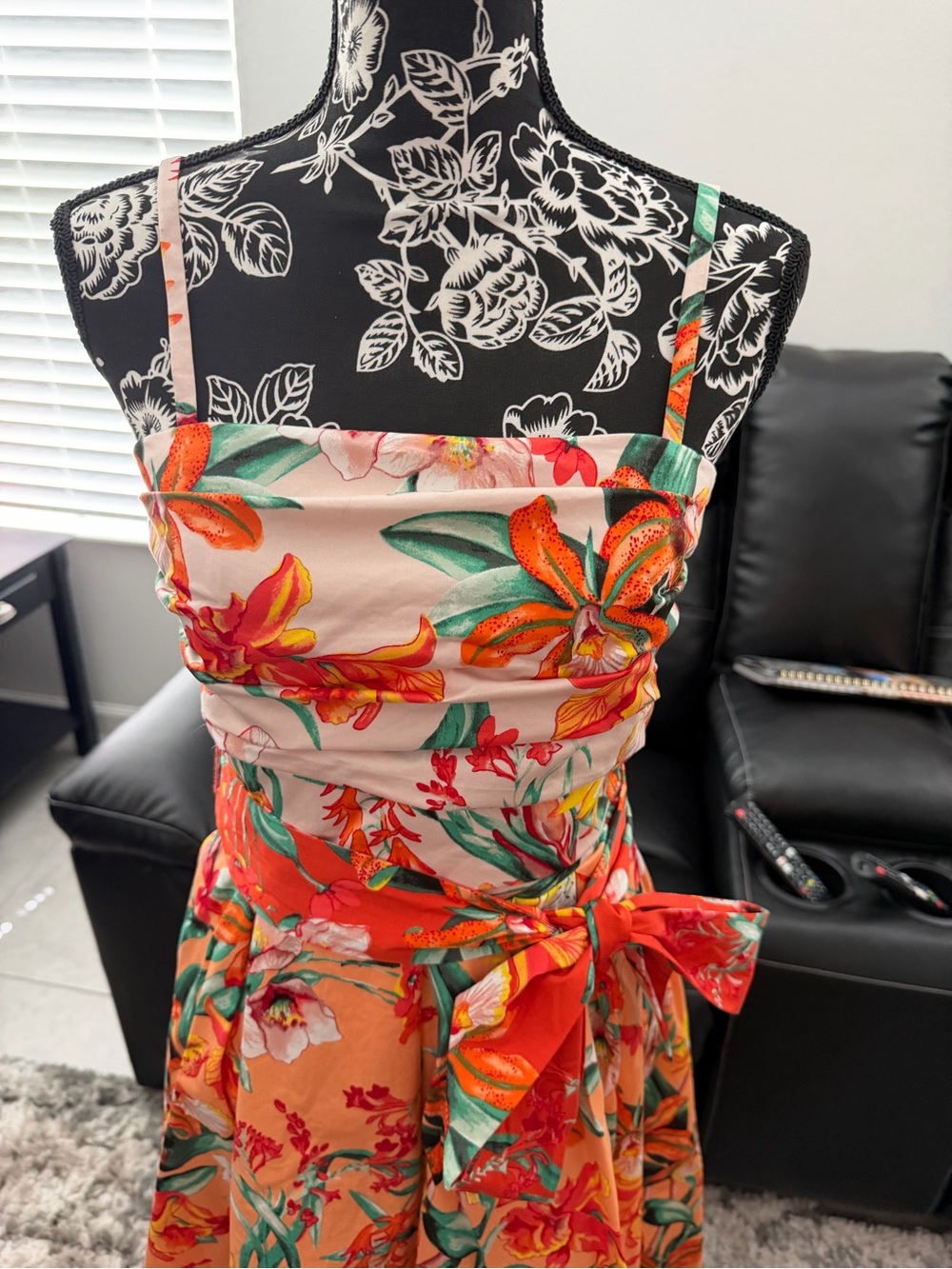 White House Black Market Orange/Cream Smocked Floral Dress w/removable straps - Picture 7 of 12